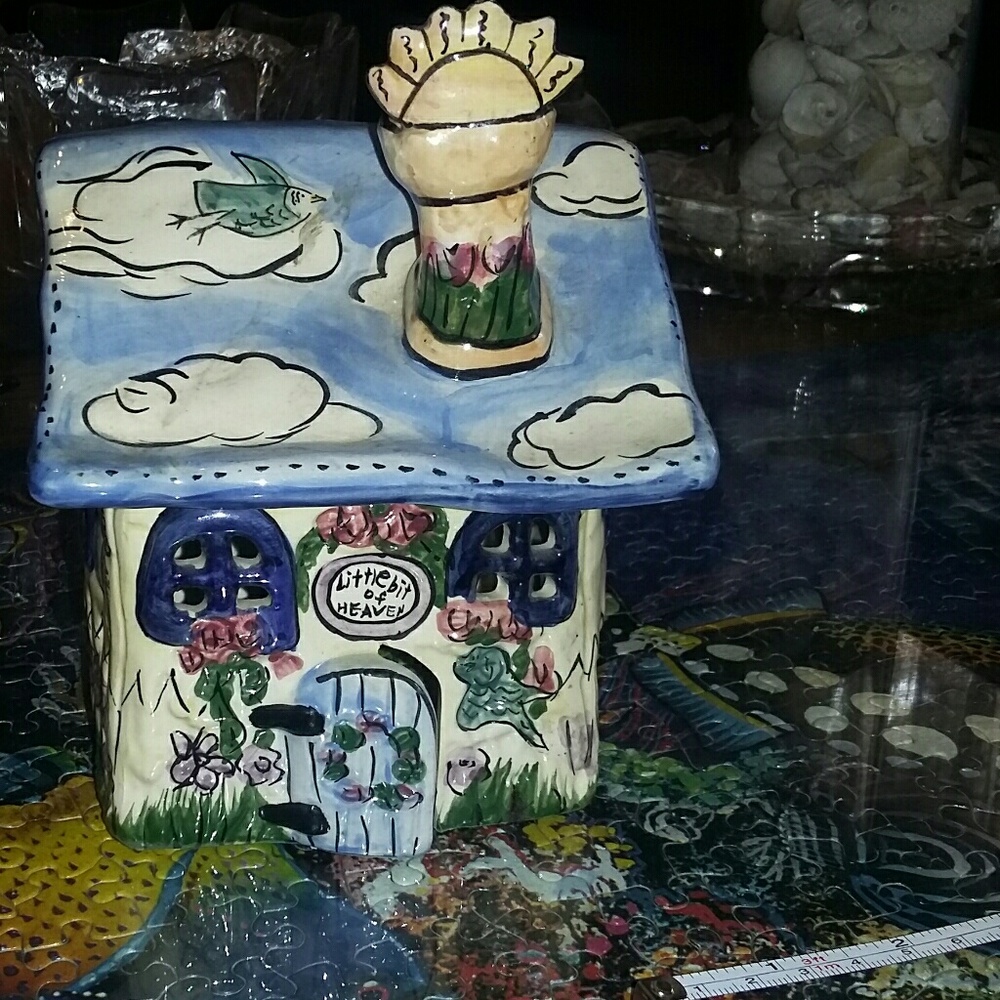 ARTIST PAINTED Small Clay  GLASS HOUSE,By Blue Sky